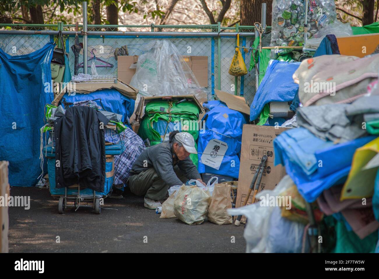 Japanese homeless man with his possessions stored in designated area of Ueno Park, Tokyo, Japan Stock Photo