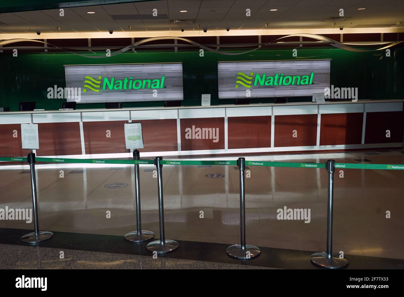 A closed National Rental Car counter at at the Miami International Airport rental car center, Friday, April 9, 2021, in Miami. Stock Photo