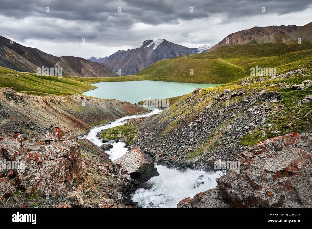 Beautiful Mountain Lake Teshik Kol against cloudy sky in the Terskey Alatay, Kyrgyzstan Stock Photo