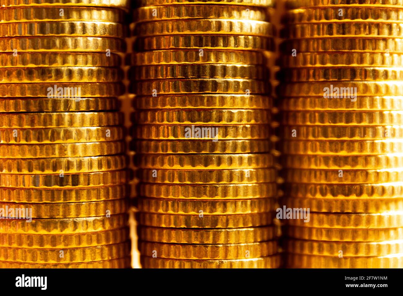Close up view of three coin towers. Coin texture. Save money concept banner Stock Photo