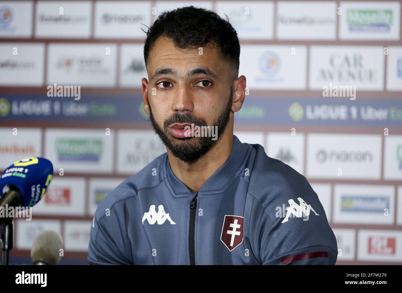 Farid Boulaya of FC Metz answers to the media during the post-match press  conference following the French championship Ligue 1 football match between  FC Metz and Lille OSC (LOSC) on April 9,