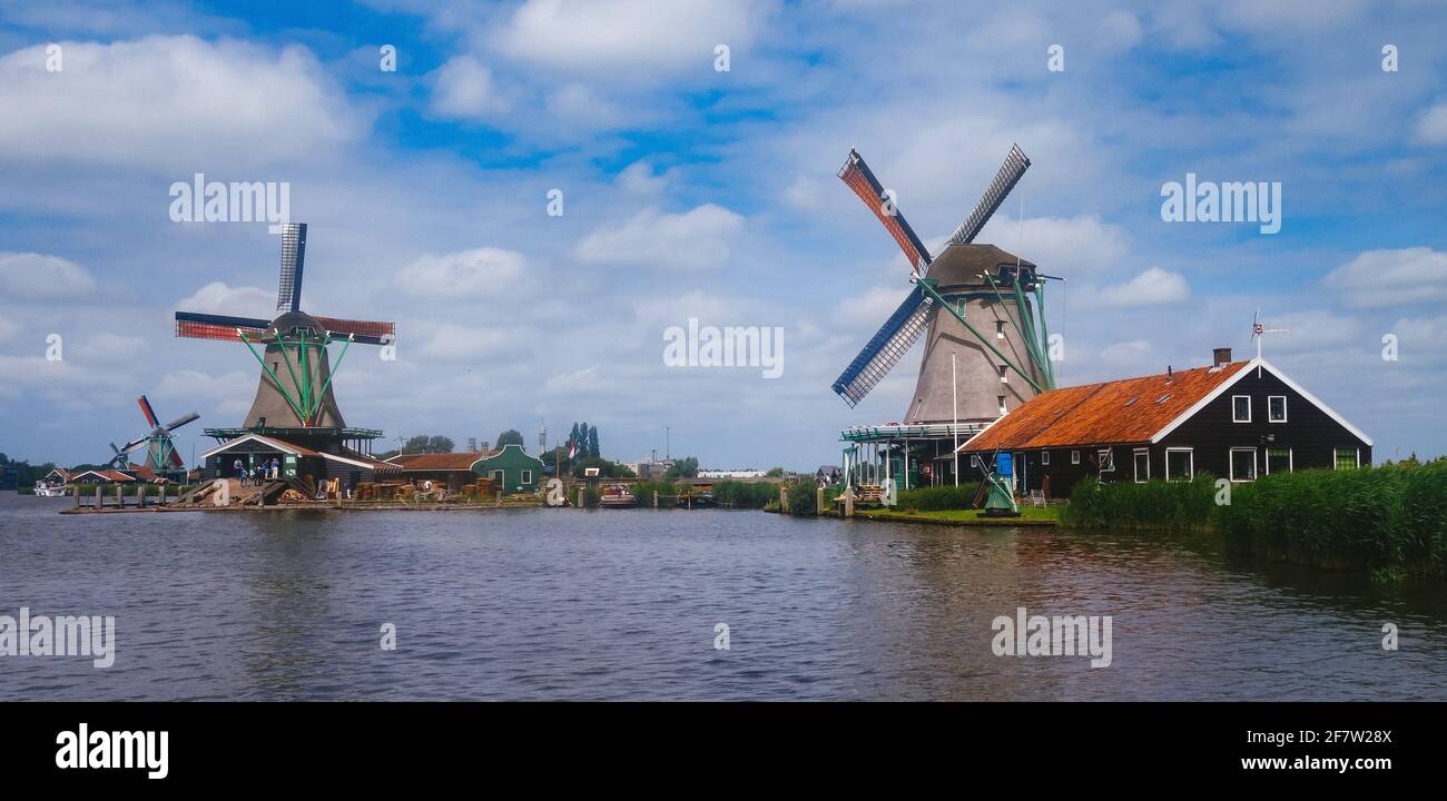 traditional Dutch Windmills and cottages in Zaanse Schans, Netherland Stock Photo