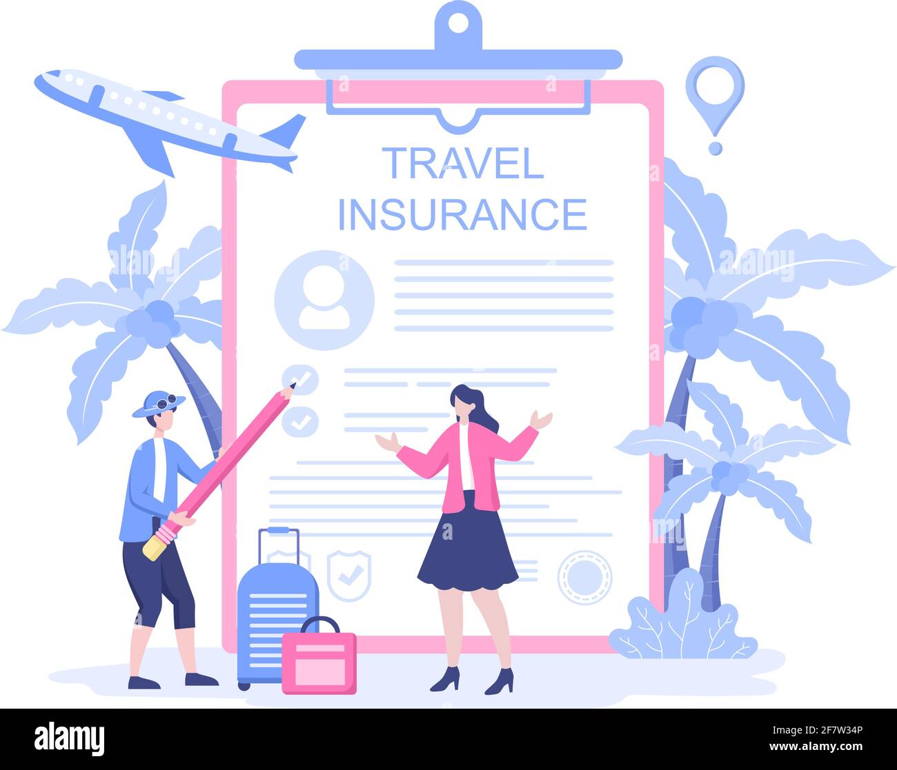 Travel and Tour Insurance Concept for Accidents, Protect Health, Emergency Risks While On Vacation. Vector Flat Design Illustration Stock Vector