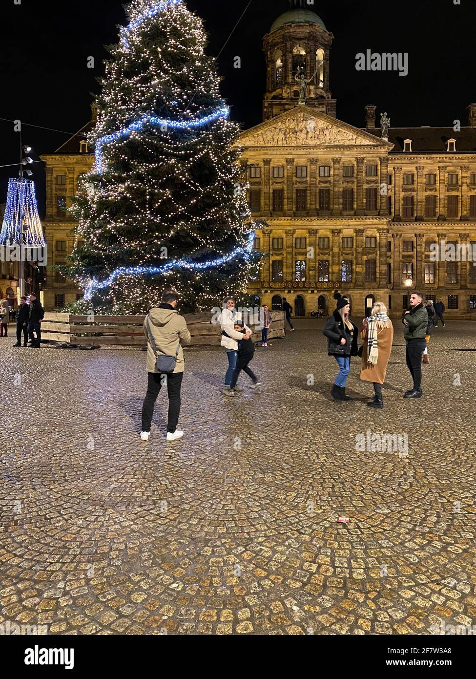 Christmas tree decorated in the city centre at Dam Square in Amsterdam Stock Photo