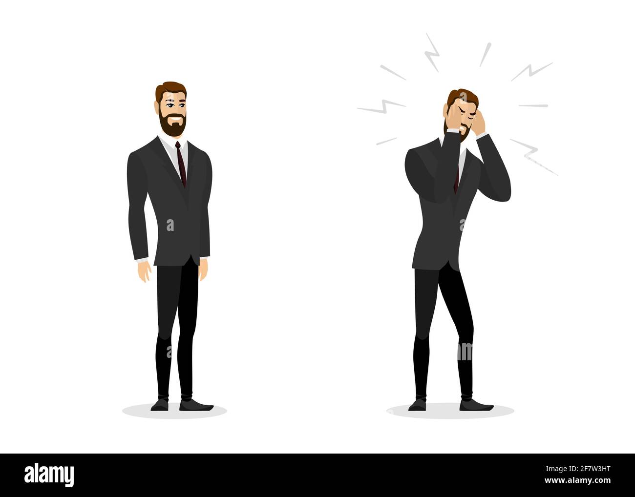 Happy healthy successful prosperous calm contented businessman and sick stressful frustrated business person with migraine, headache and work problems. Professional career compare vector illustration Stock Vector