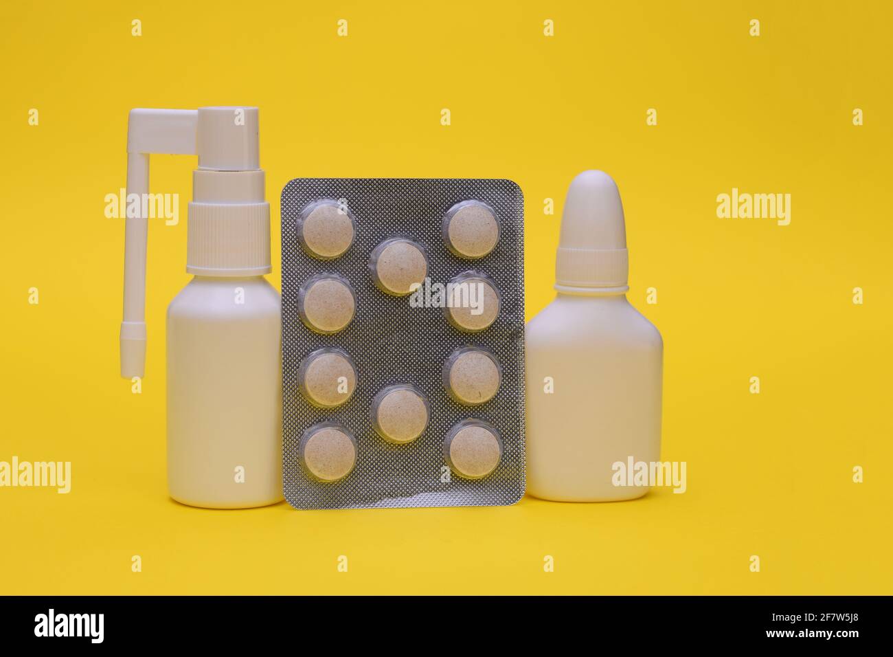 Nasal spray, throat spray, tablets in a package.  Stock Photo