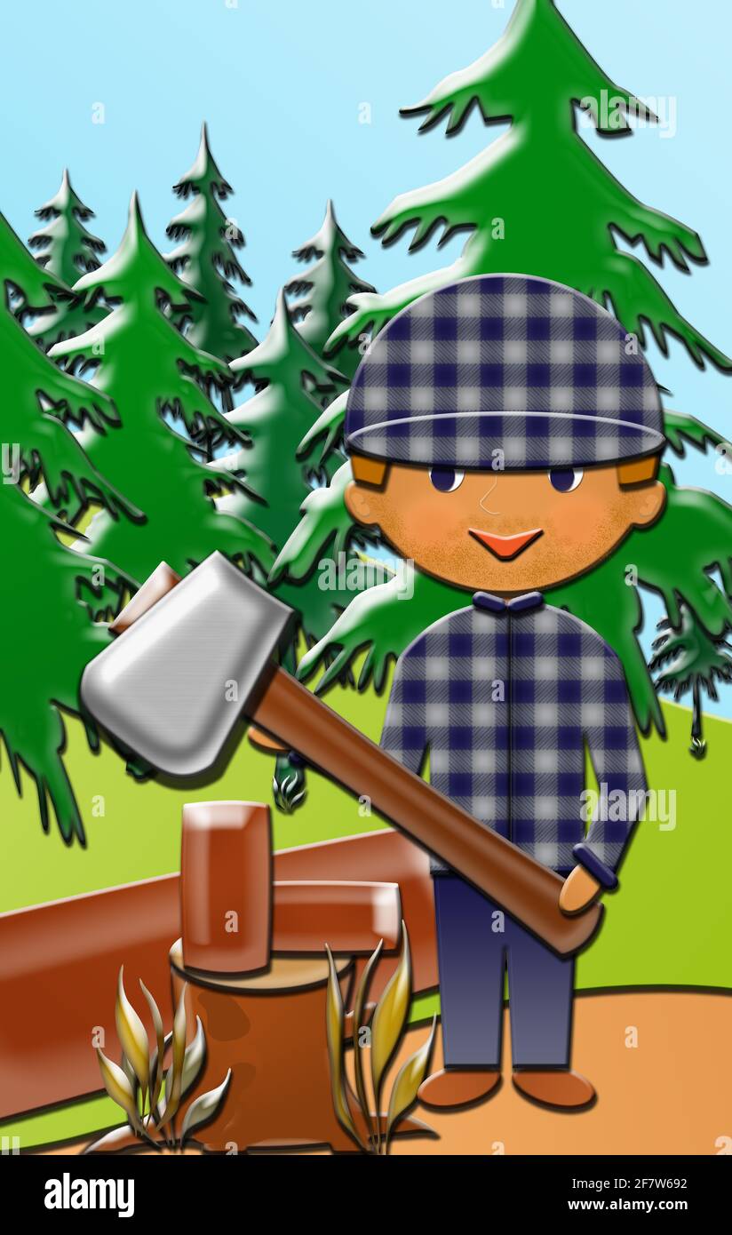 Cartoon of a cute Happy Lumberjack, with an axe, cutting wood.  This illustration is part of a collection of different professions. Stock Photo
