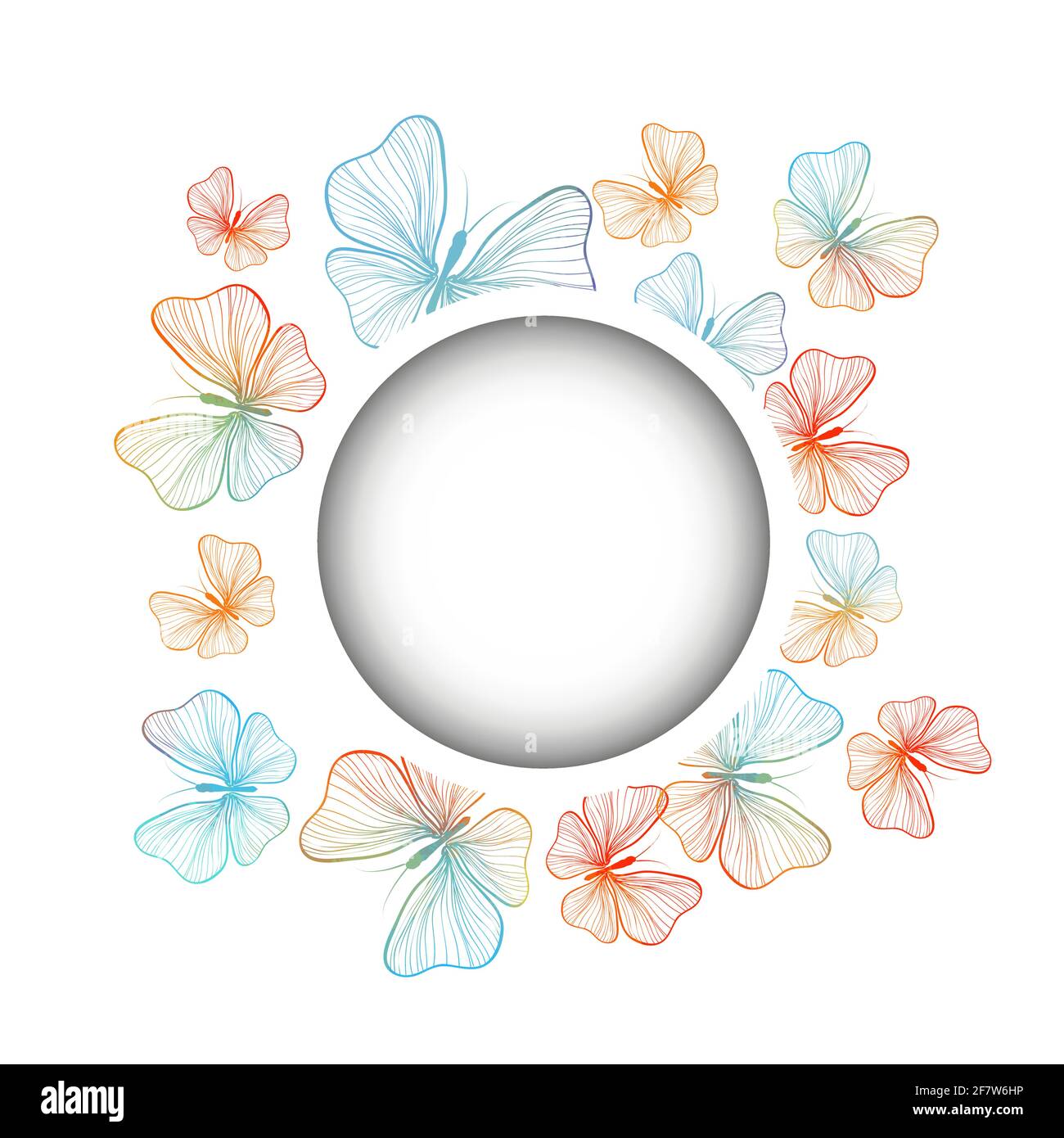 Round frame with multi-colored butterflies. With love. Vector illustration Stock Vector