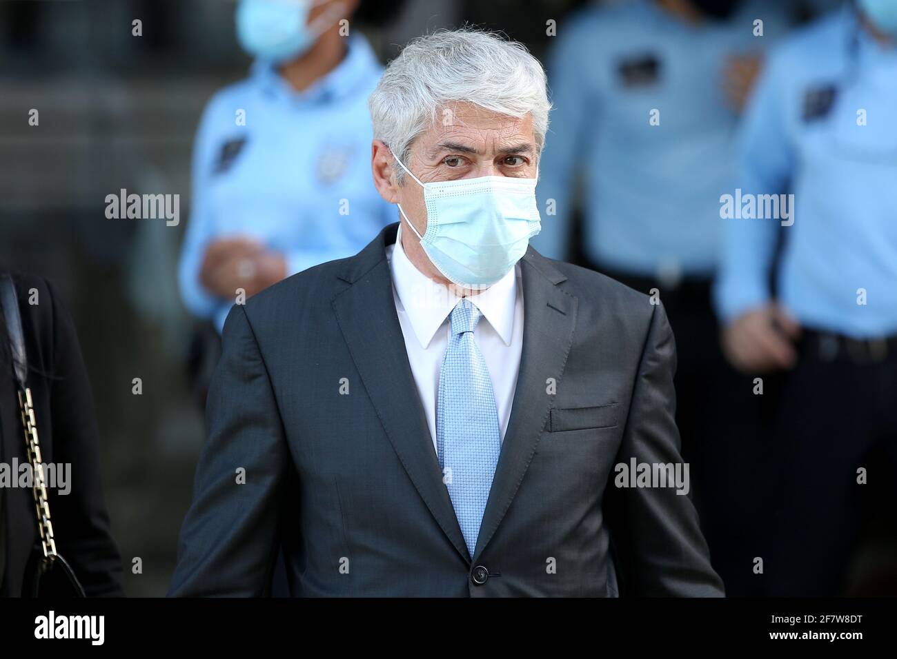 Lisbon, Portugal. 9th Apr, 2021. Portugal's former Prime Minister Jose Socrates wearing a face mask leaves the court in Lisbon, Portugal, April 9, 2021. Portugal's former prime minister Jose Socrates will be the country's first head of government to stand trial, having been indicted for money laundering and forgery of documents, according to a decision by Judge Ivo Rosa on Friday. Credit: Petro Fiuza/Xinhua/Alamy Live News Stock Photo