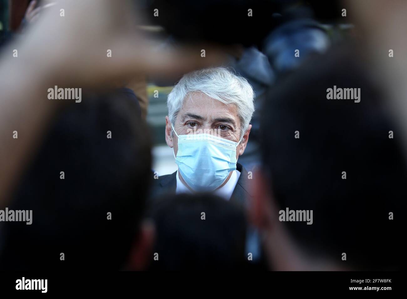 Lisbon, Portugal. 9th Apr, 2021. Portugal's former Prime Minister Jose Socrates wearing a face mask speaks to journalists as he leaves the court in Lisbon, Portugal, April 9, 2021. Portugal's former prime minister Jose Socrates will be the country's first head of government to stand trial, having been indicted for money laundering and forgery of documents, according to a decision by Judge Ivo Rosa on Friday. Credit: Petro Fiuza/Xinhua/Alamy Live News Stock Photo