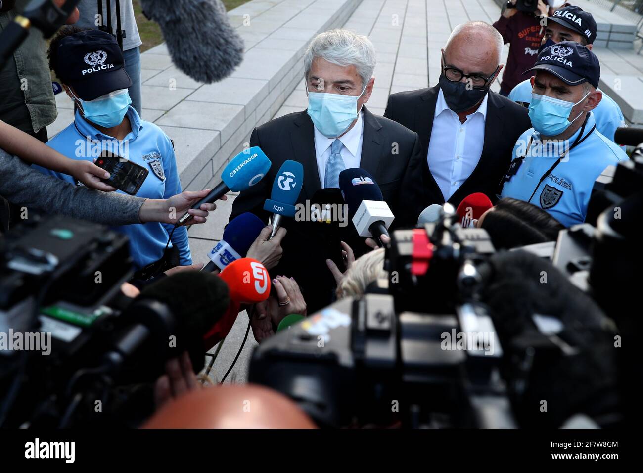 Lisbon, Portugal. 9th Apr, 2021. Portugal's former Prime Minister Jose Socrates speaks to journalists as he leaves a court in Lisbon, Portugal, April 9, 2021. Jose Socrates will be the country's first head of government to stand trial, having been indicted for money laundering and forgery of documents, according to a decision by Judge Ivo Rosa on Friday. Credit: Pedro Fiuza/Xinhua/Alamy Live News Stock Photo