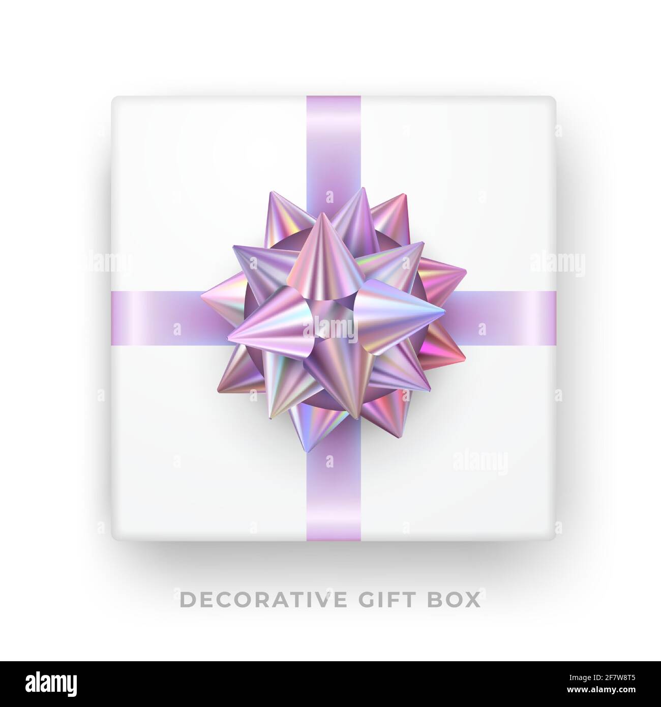 Decorative white gift box with hologram bow and ribbon isolated on white background. Top view. Vector Stock Vector