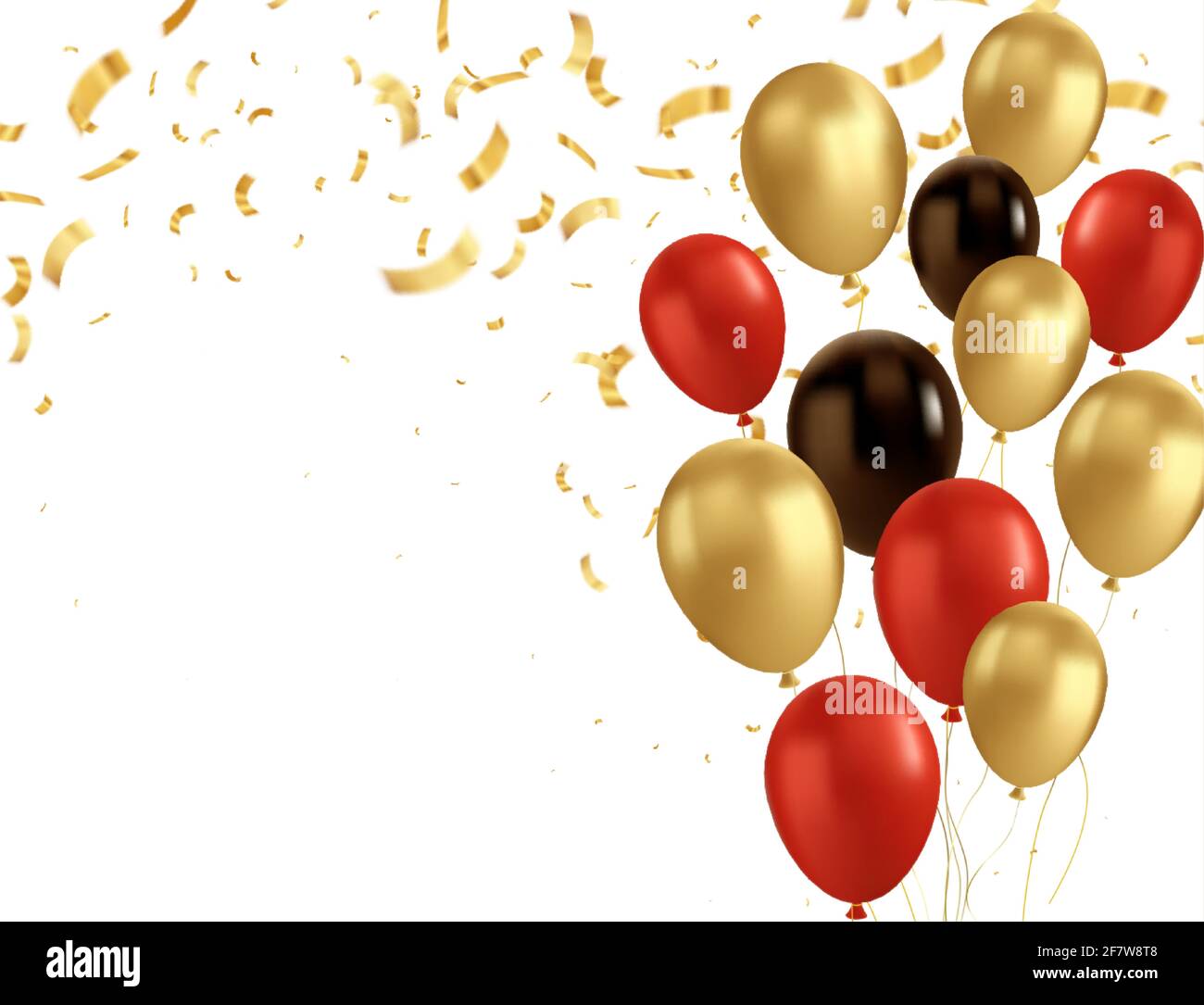 Red, black and gold balloons and golden confetti. Vector glossy realistic baloon on transparent background Stock Vector