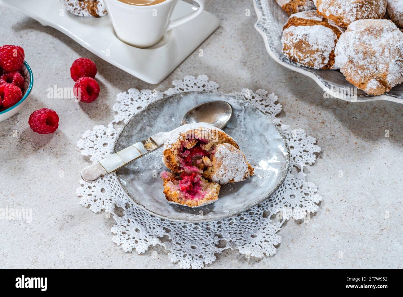 Raspberry amaretti biscuits - traditional Italian dessert Stock Photo ...