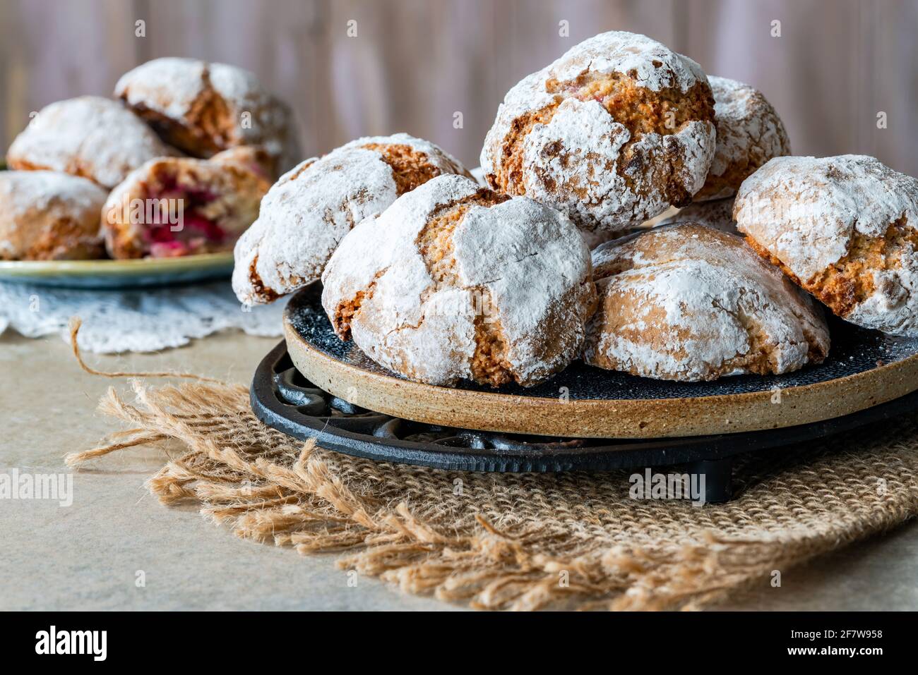 Raspberry amaretti biscuits - traditional Italian dessert Stock Photo ...