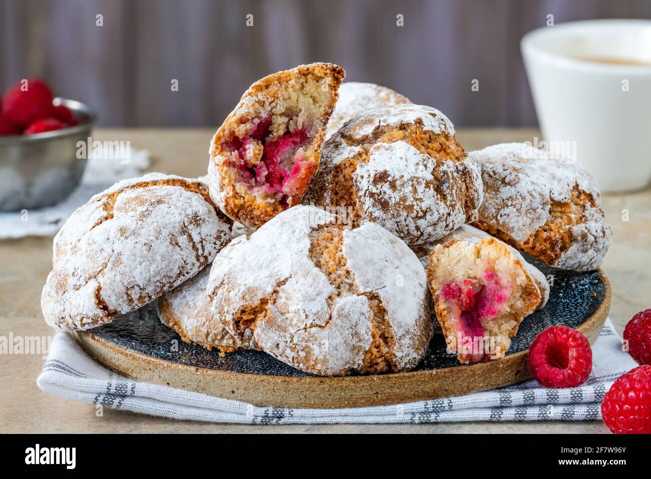 Raspberry amaretti biscuits - traditional Italian dessert Stock Photo ...