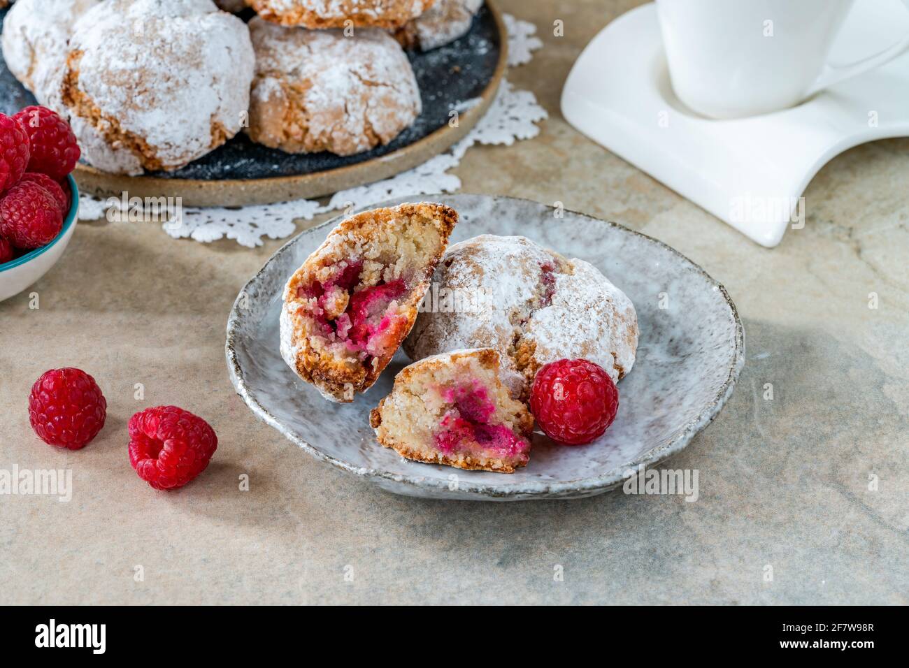 Raspberry amaretti biscuits traditional Italian dessert Stock Photo