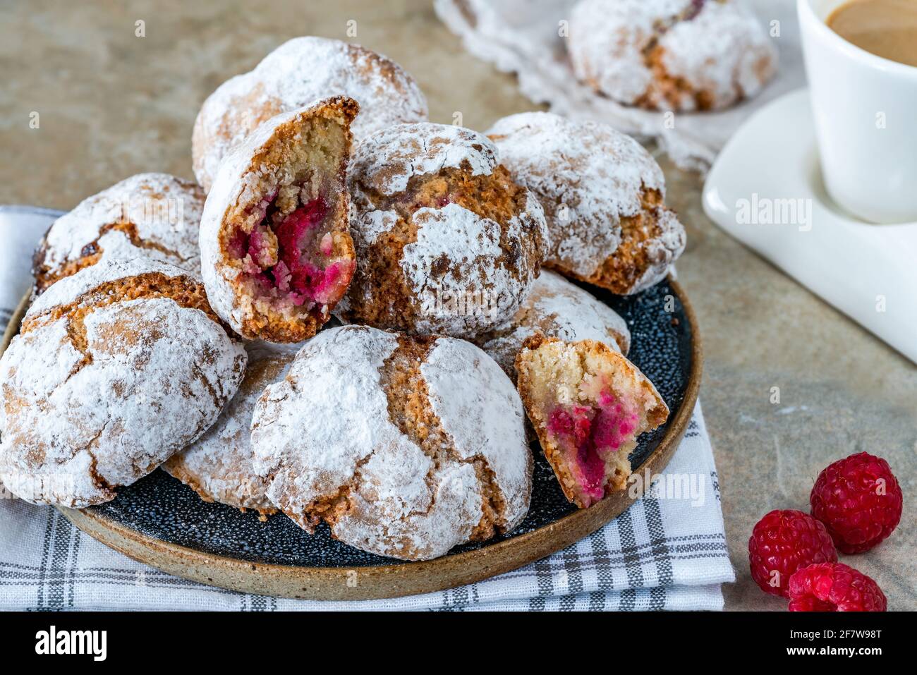 Raspberry amaretti biscuits - traditional Italian dessert Stock Photo ...