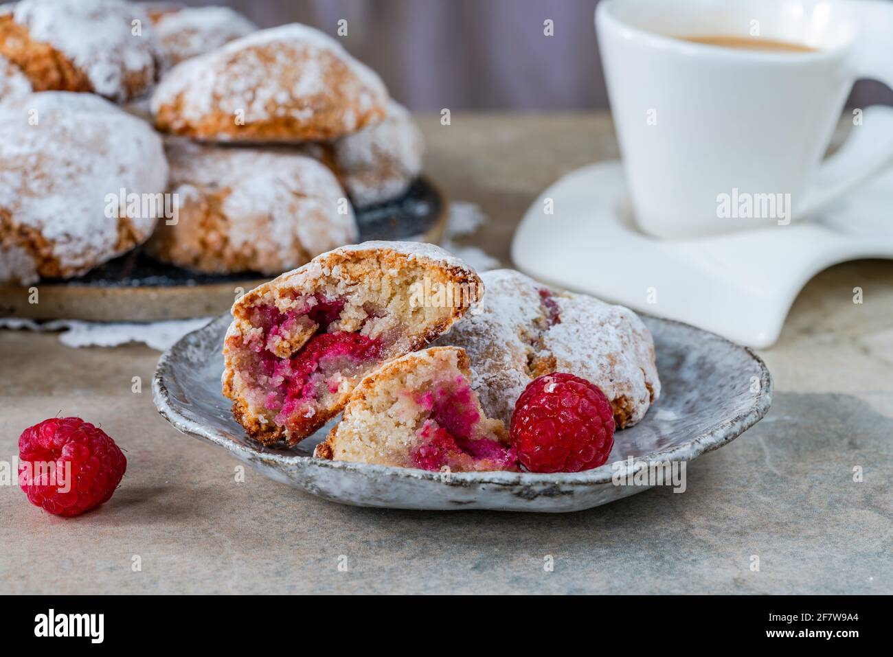 Raspberry amaretti biscuits - traditional Italian dessert Stock Photo ...