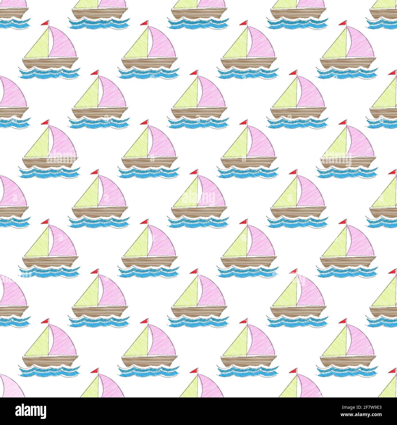 boat on the waves. Seamless pattern for texture, textiles, packaging, and simple backgrounds. Flat style. Stock Vector
