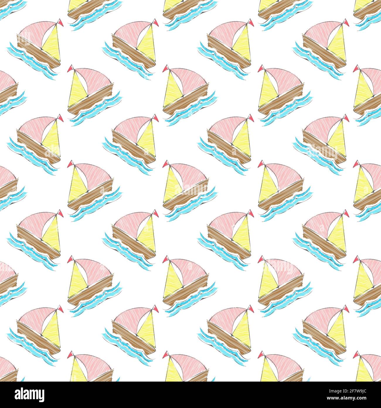 boat on the waves. Seamless pattern for texture, textiles, packaging, and simple backgrounds. Flat style. Stock Vector