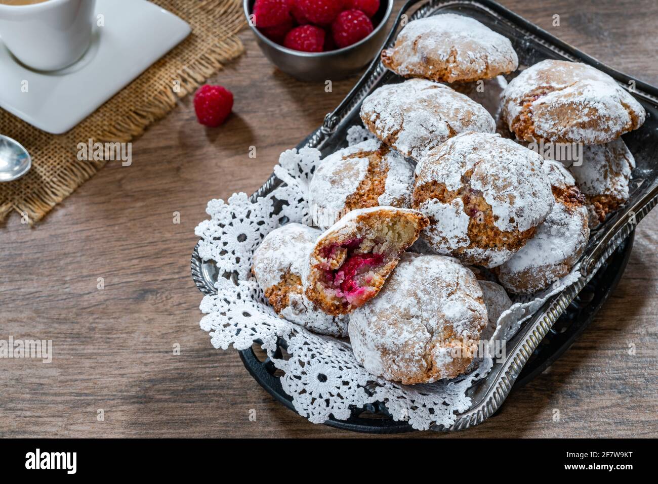Raspberry amaretti biscuits - traditional Italian dessert. High angle ...