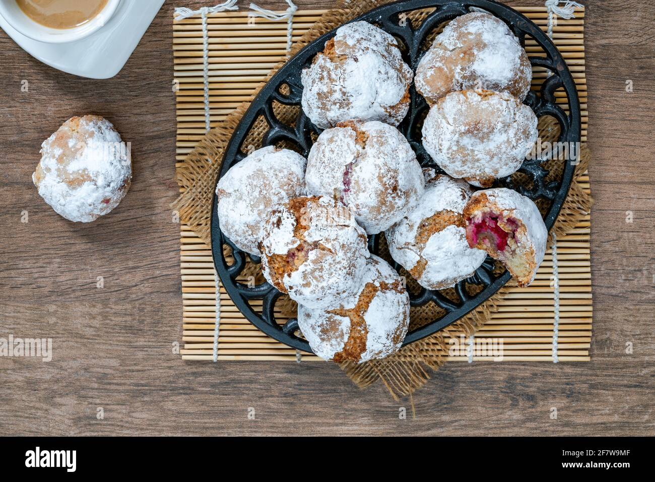 Raspberry amaretti biscuits - traditional Italian dessert. Overhead ...
