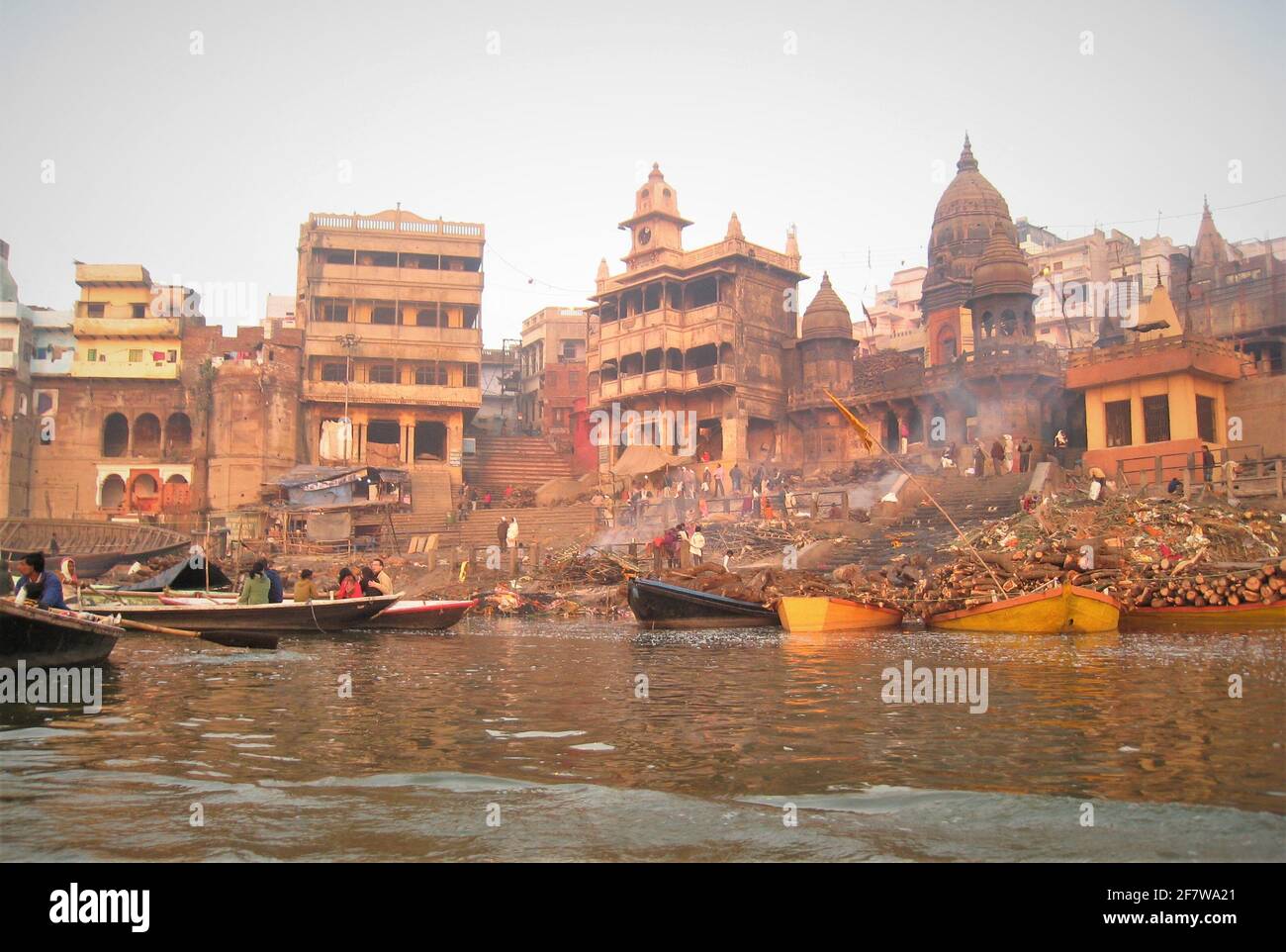Varanasi seen from the Ganges river an early morning. Varanasi is