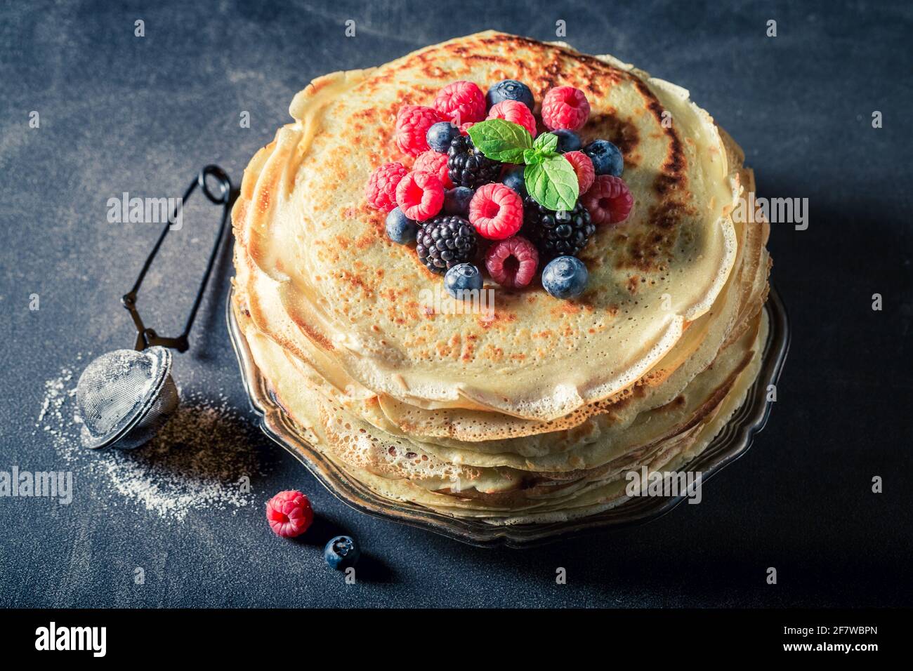 Pancakes Raspberry Blueberries Mint Pancakes with blueberries and raspberries. Pancakes for breakfast Stock ...