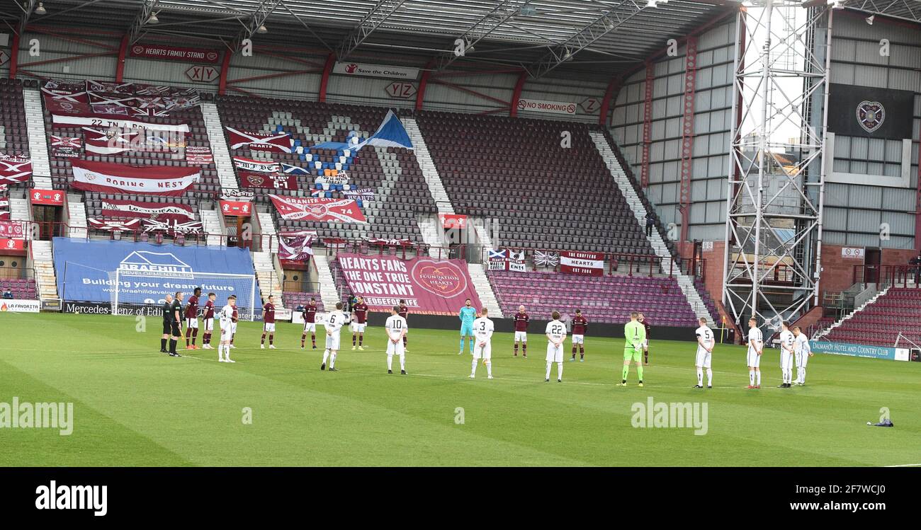 Tynecastle Park, Edinburgh, Scotland. UK. 9th April 21. Scottish Championship Match.Hearts vs Alloa Clubs hold a minute's silence before their game (Friday )as a mark of respect for Prince Philip. Credit: eric mccowat/Alamy Live News Stock Photo