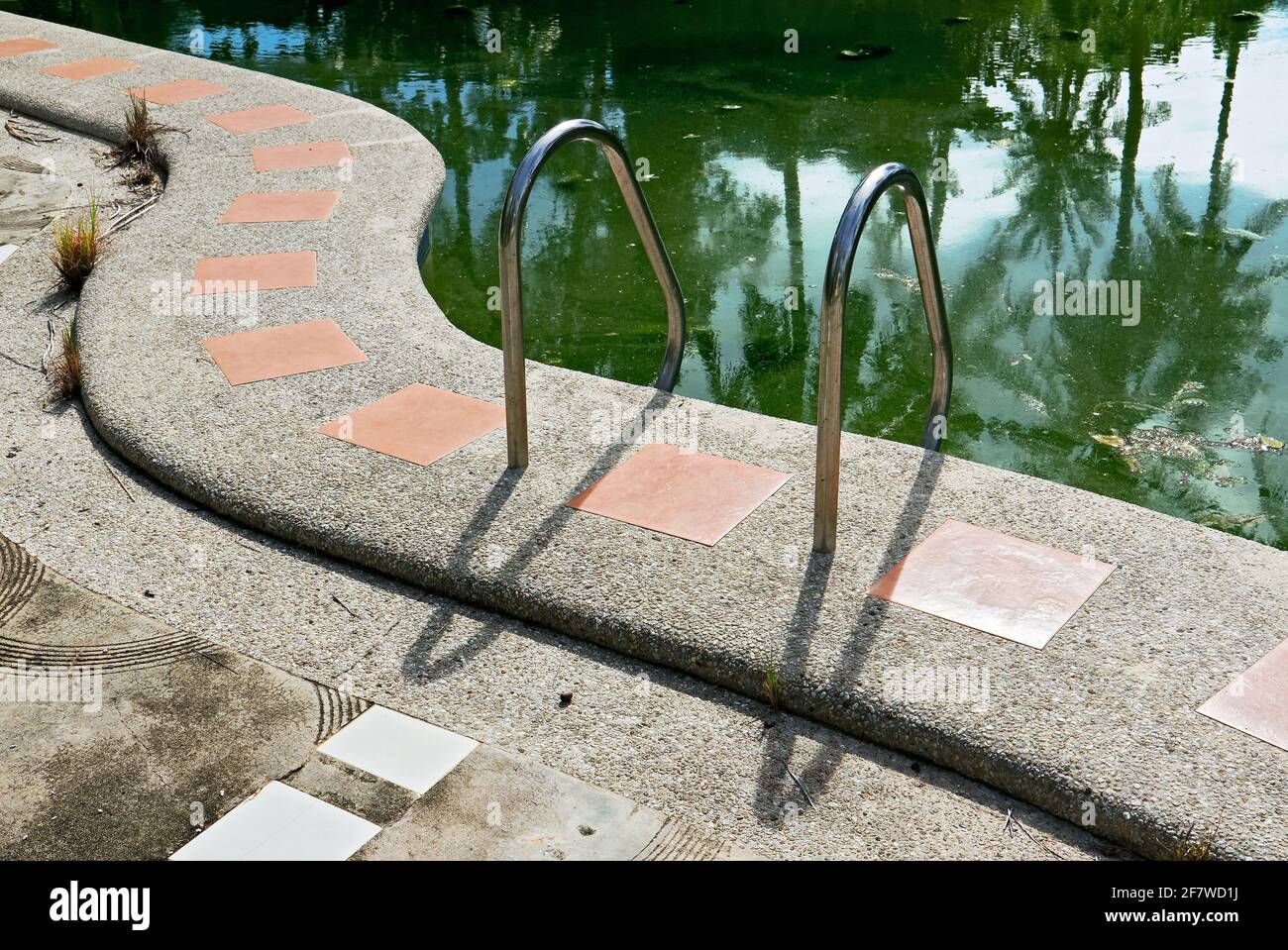 Close-up scene of an unmaintained dirty swimming pool, algae, leafs and grass visible; Hotel closures on Boracay Island during the covid pandemic Stock Photo
