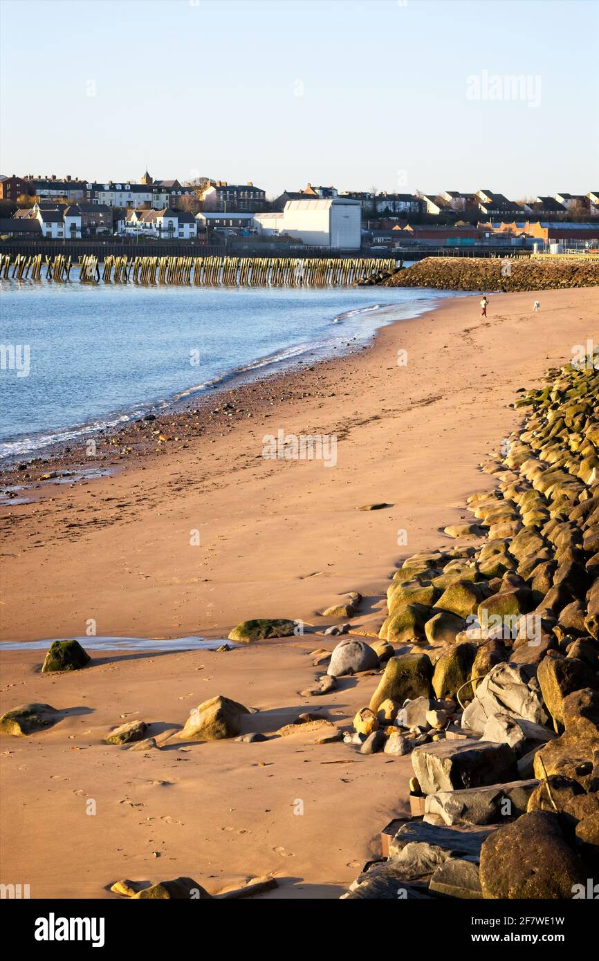 The Fish Quay Beach in North Shields, Tyne and Wear captured in early morning light. Stock Photo