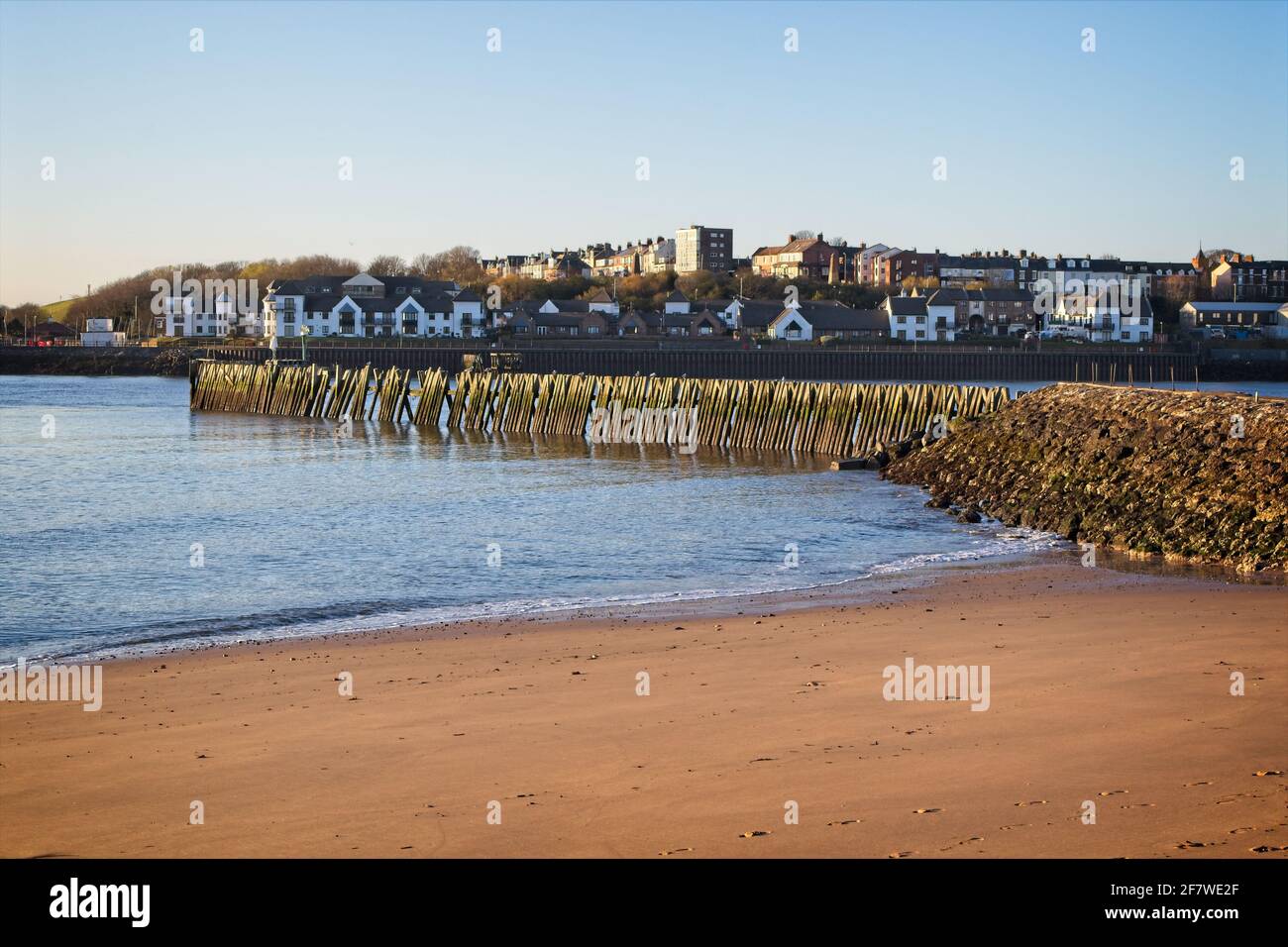 The Fish Quay Beach in North Shields, Tyne and Wear captured in early morning light. Stock Photo