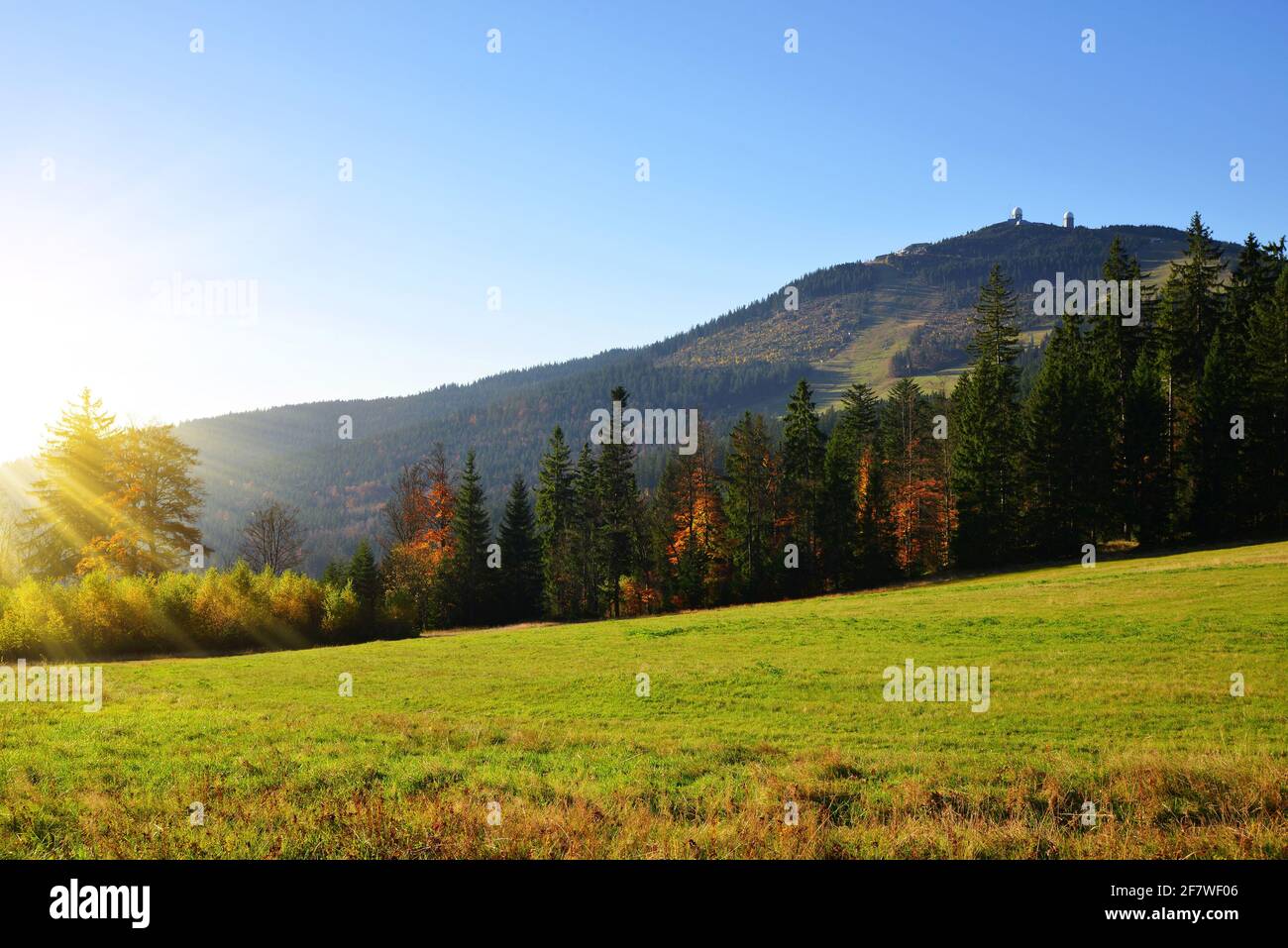 Autumn landscape in Bavarian Forest National Park. View of the mountain peak Grosser Arber, Germany, Europe. Stock Photo