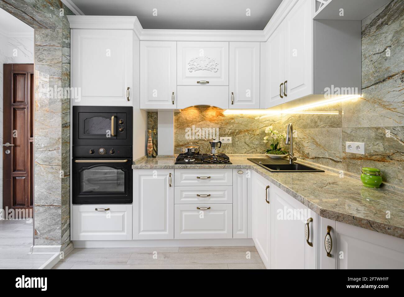 Modern classic white kitchen interior with wooden furniture Stock Photo ...
