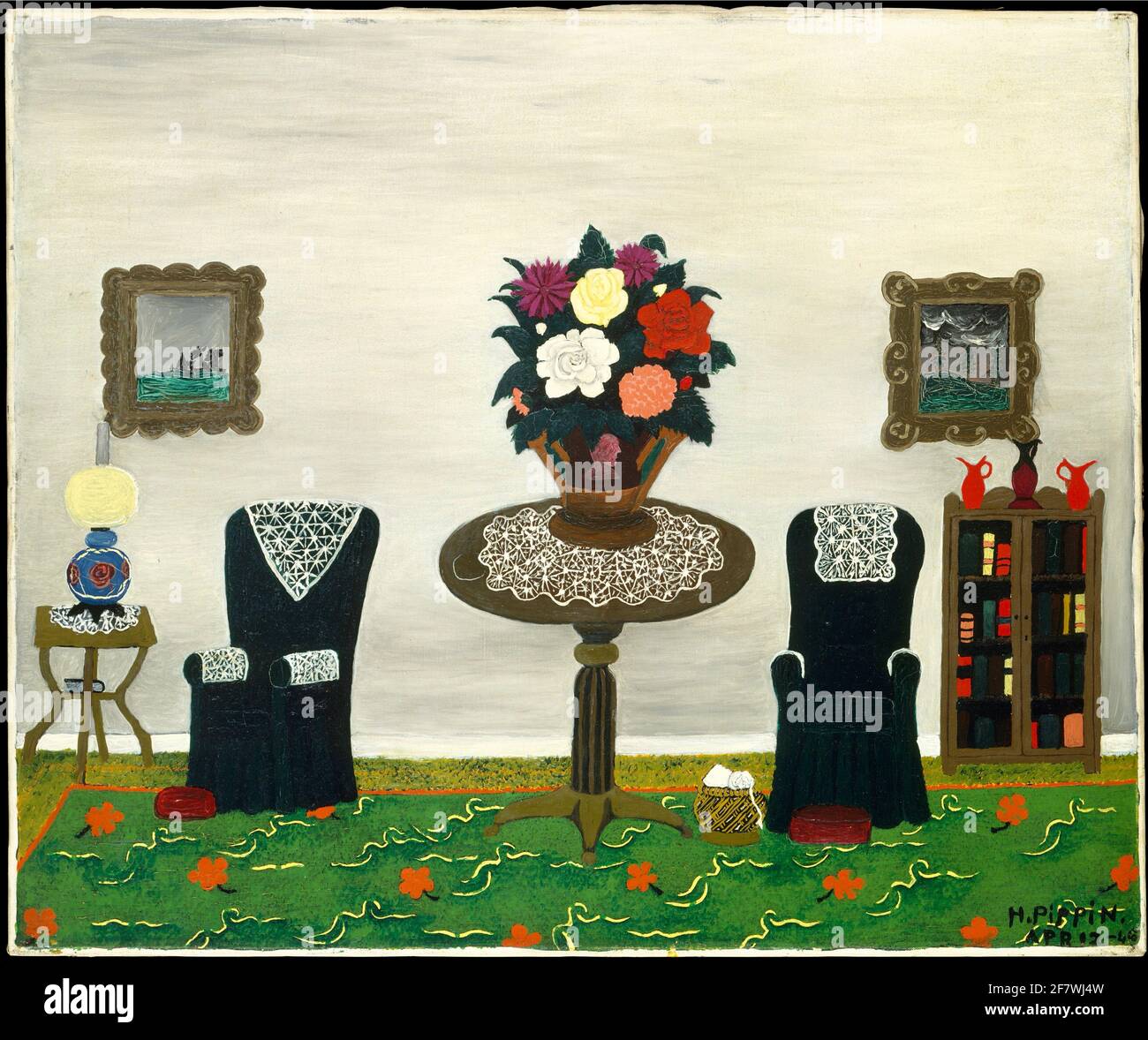 Horace Pippi artwork entitled Victorian Interior from 1945. Siting room with two chairs, table and large vase of flowers. Stock Photo