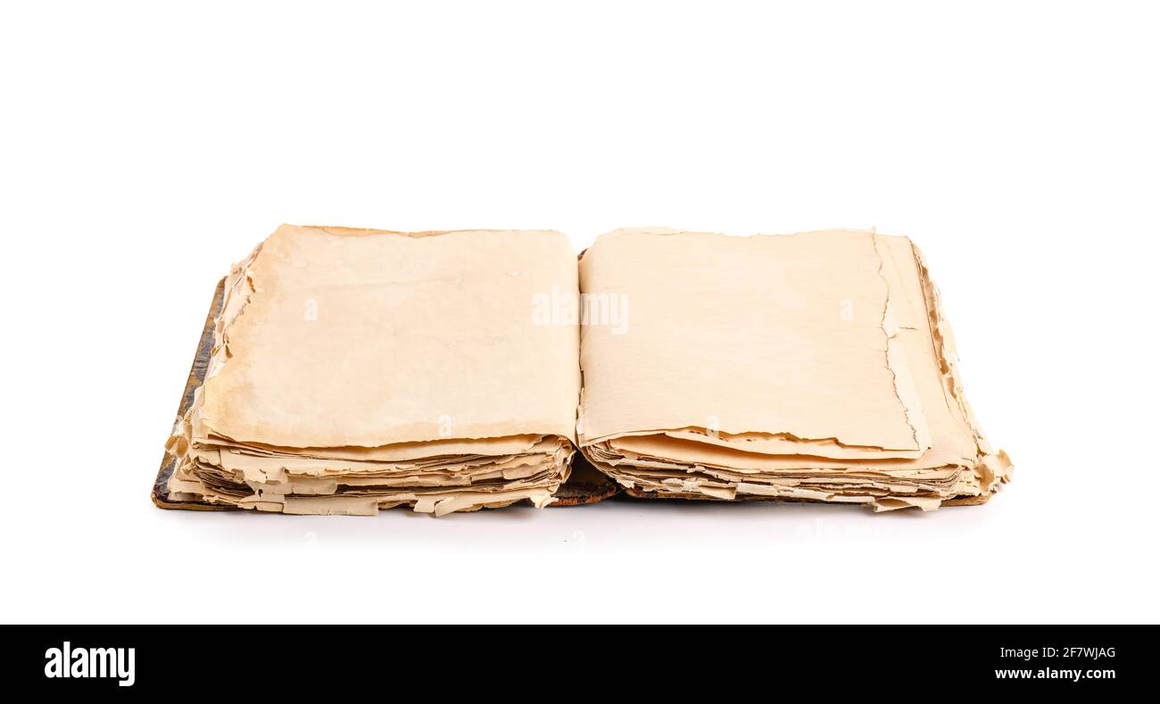 Open old book on white background Stock Photo - Alamy