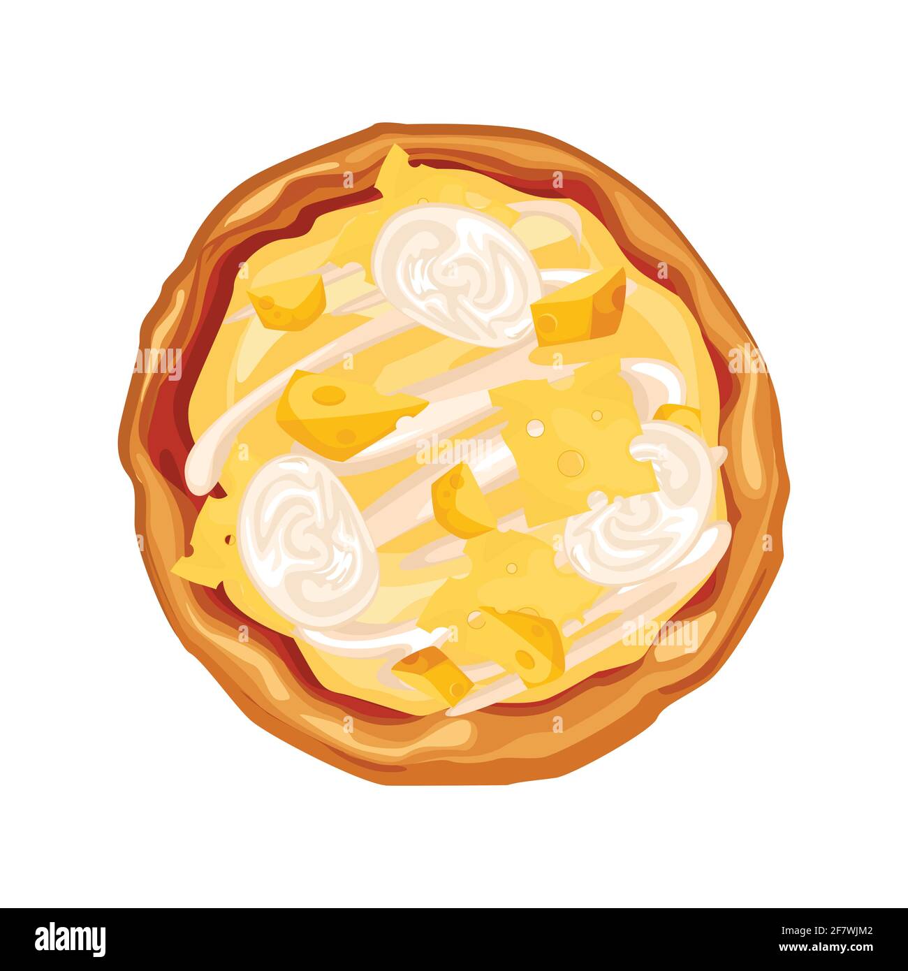 Cheese pizza whole and with a cut piece, cheese stretches appetizingly, with pieces of mozzarella and hard cheese. Stock Vector