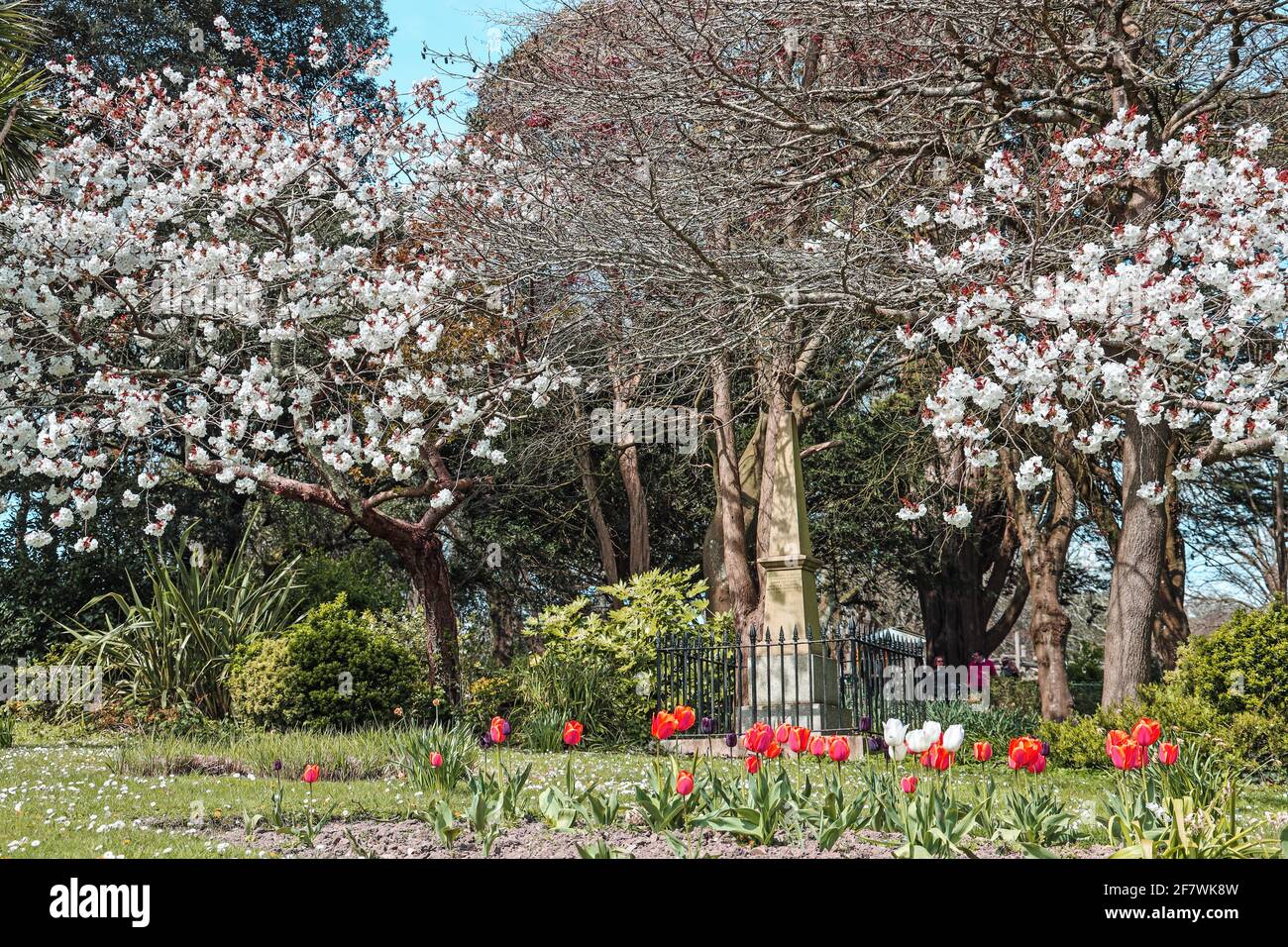 Devonport Park in Plymouth is often refered to as the Peoples Park. Within the fenced off Napier Garden can be found the Galatia Monument. an obelisk. Stock Photo