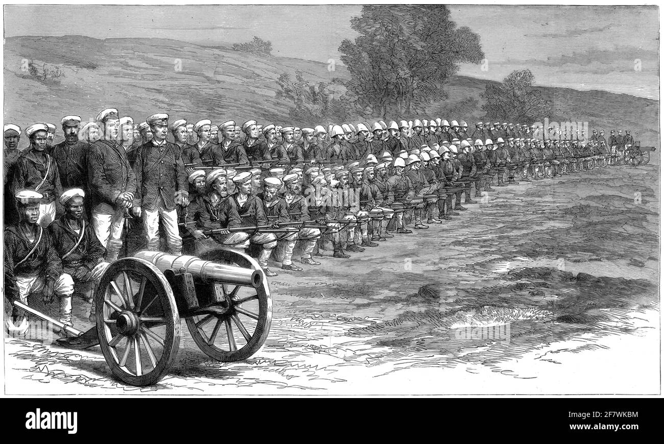 Engraving of the naval brigade from HMS Active lined up for the Anglo-Zulu war of 1879 Stock Photo