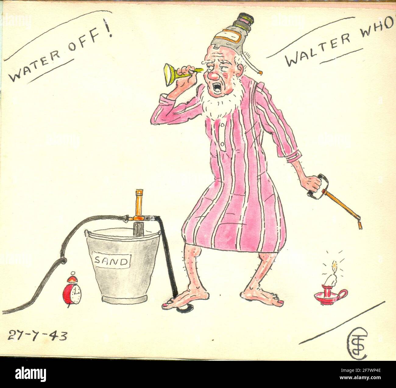 An original water colour done in a child's wartime Autograph Album 1943 showing a very deaf elderly man trying to  man a water pump Stock Photo
