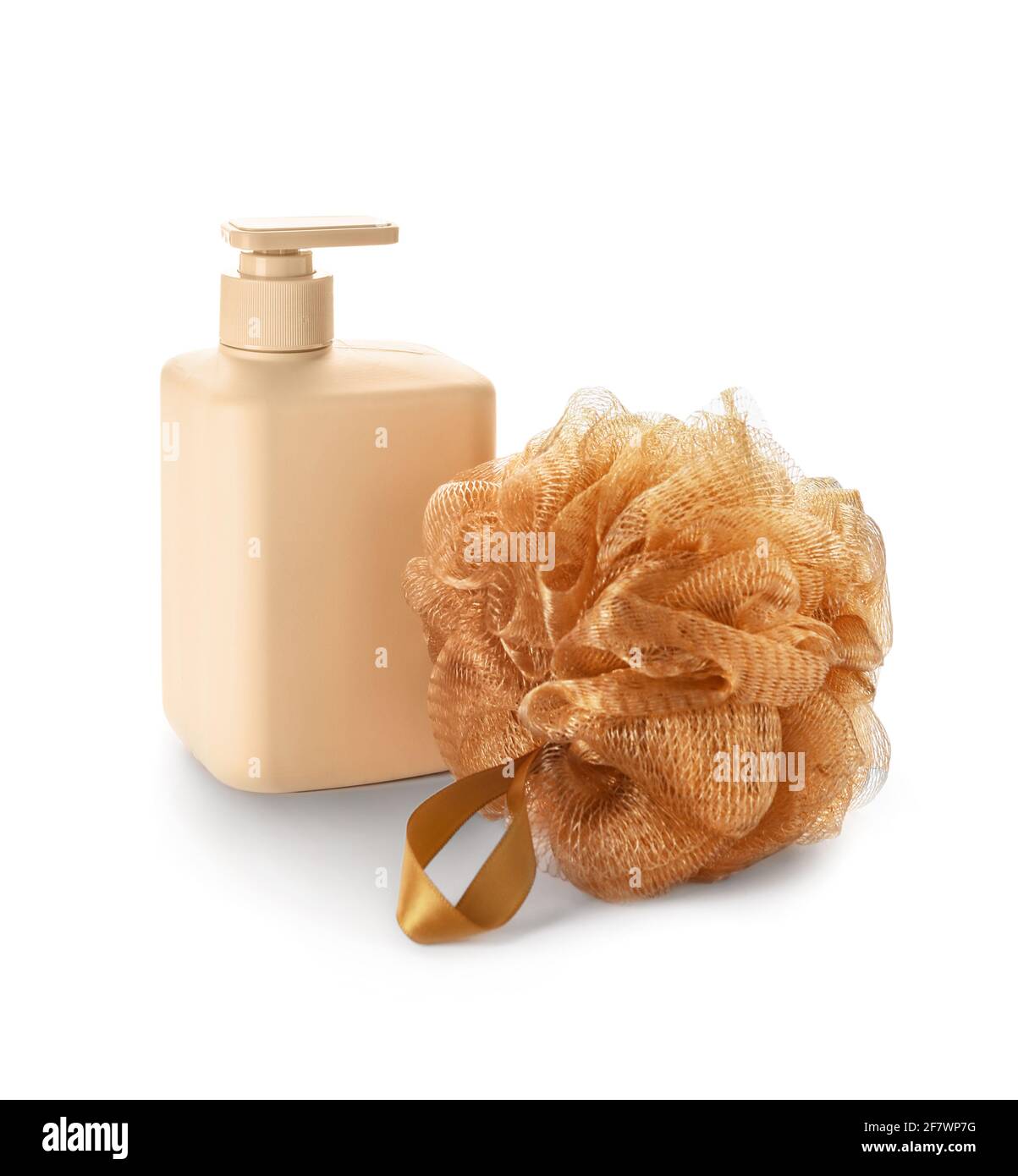 Bottle of shower gel and loofah on white background Stock Photo - Alamy