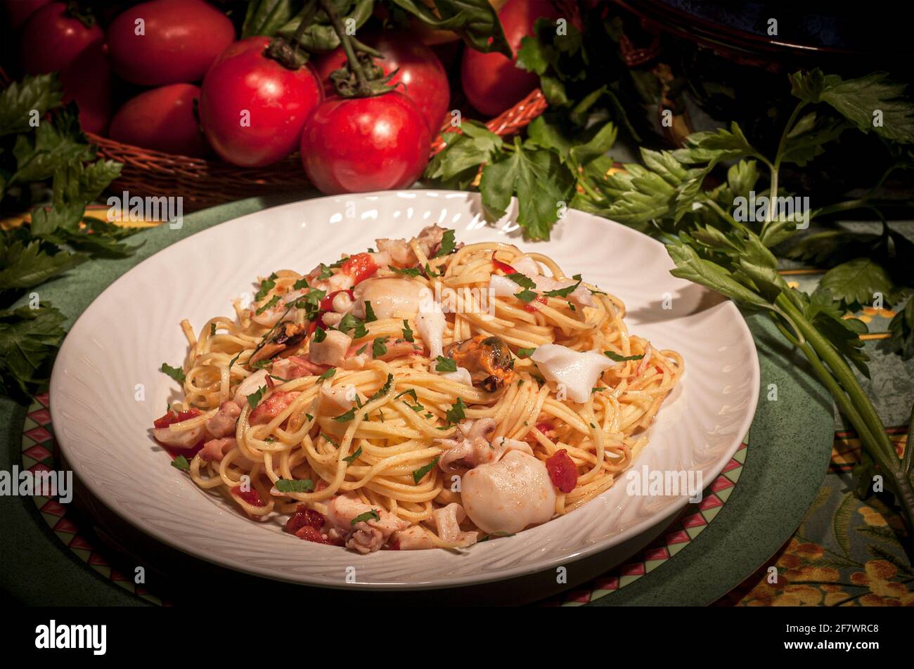 Italy Tagliolini pasta and seafood Stock Photo