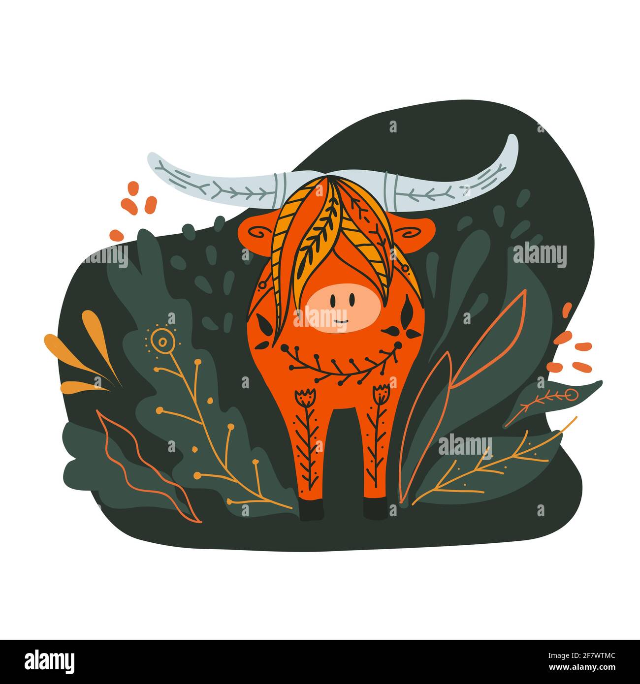 Folk illustration of a bull with foliage and stems. Horned buffalo front view with tribal pattern. Vector flat drawing of livestock. Stylized cute ox Stock Vector