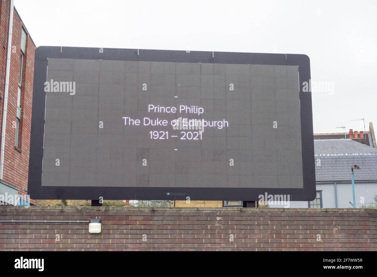 Prince Philip, Duke of Edinburgh, 1921-2021, electronic billboard advertising sign, London, U.K. Stock Photo