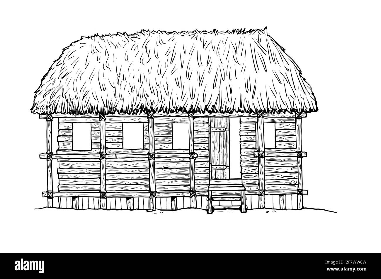 Wooden hut. Small house. Coloring page. Stock Photo