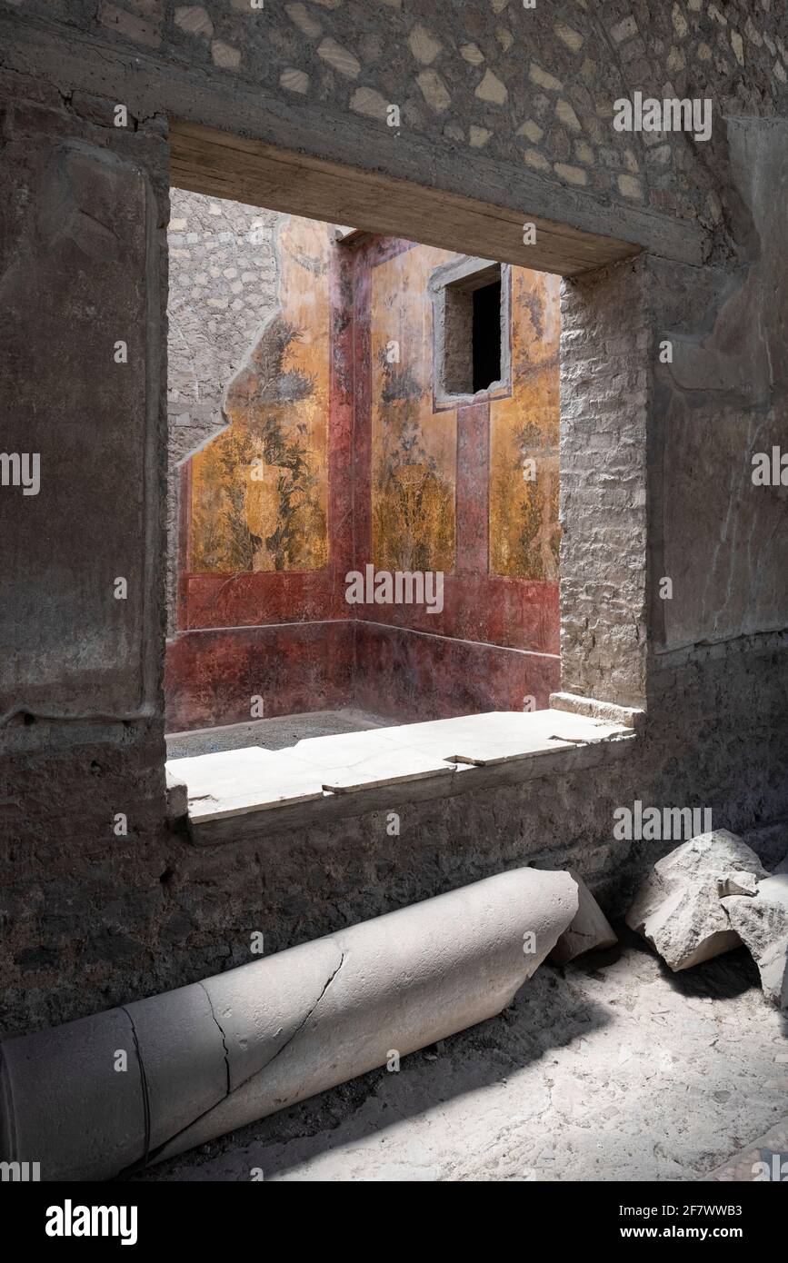 Torre Annunziata. Italy. Archaeological site of Oplontis (Villa di Poppea / Villa Poppaea / Villa A). View from Sitting room 17 with window looking ou Stock Photo