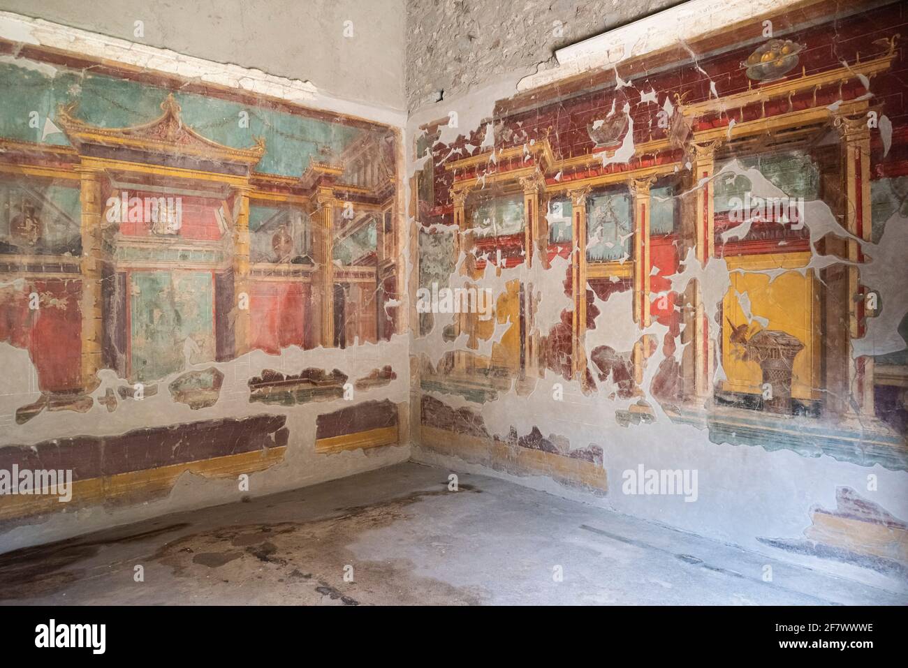 Torre Annunziata. Italy. Archaeological site of Oplontis (Villa di Poppea / Villa Poppaea / Villa A). Sitting room decorated with frescoes in the Seco Stock Photo