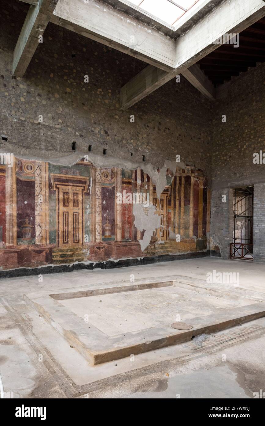 Torre Annunziata. Italy. Archaeological site of Oplontis (Villa di Poppea / Villa Poppaea / Villa A). The large atrium decorated with frescoes in the Stock Photo