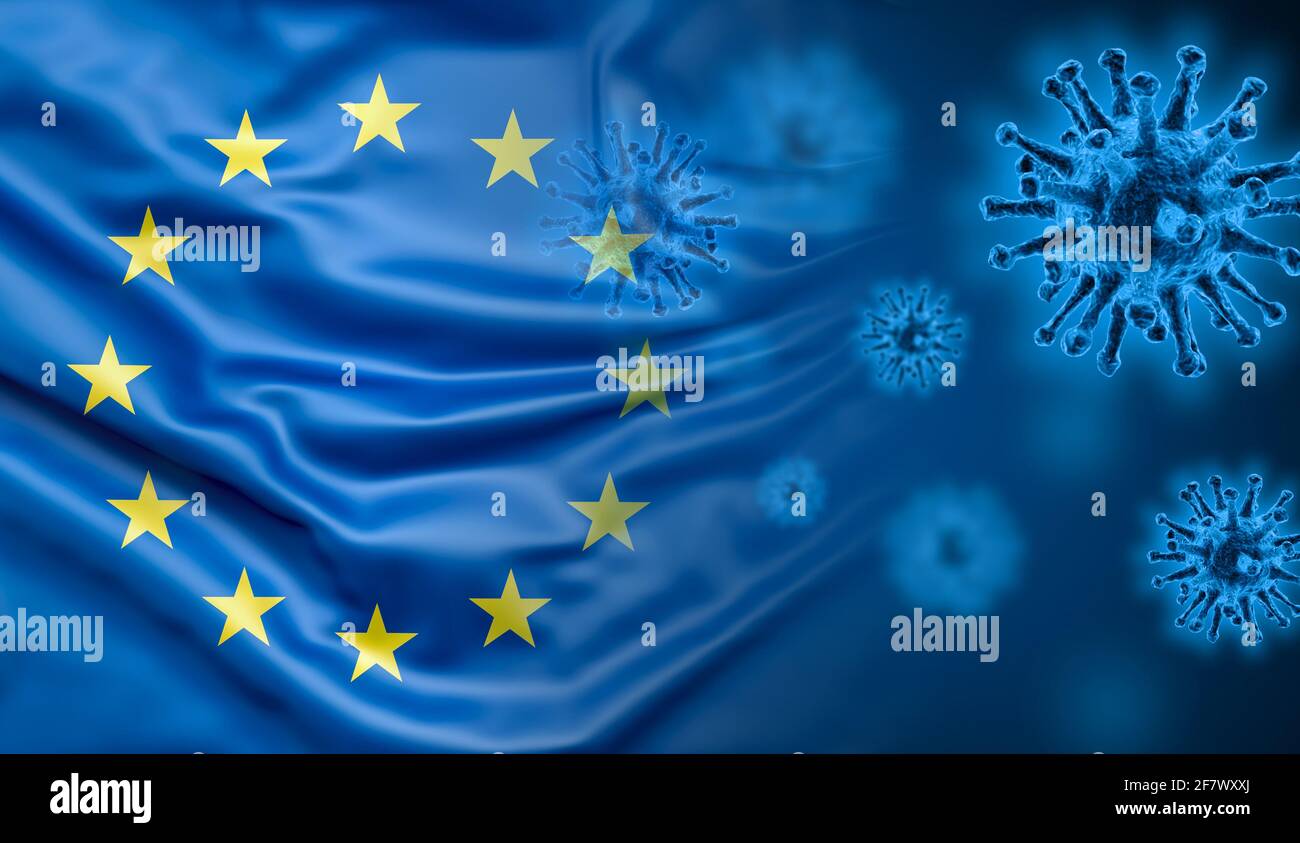 Eu flag and corona virus illustration, 3d, render, background. Stock Photo